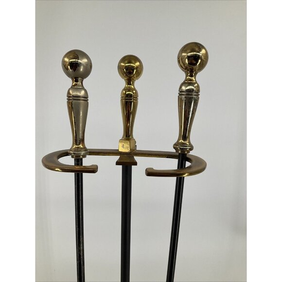Mid-Century Modern Brass and Iron Fireplace Tool Set 3 Piece w/ stand USA - Picture 6 of 12